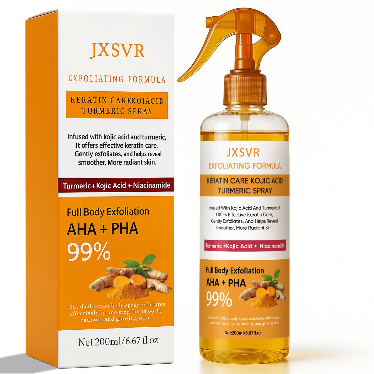 JXSVR Body Keratin Care Turmeric Spray bottle for exfoliation and brightening.