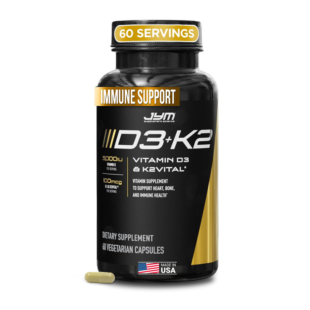 JYM D3 + K2 bottle front supports bone health and immune function.
