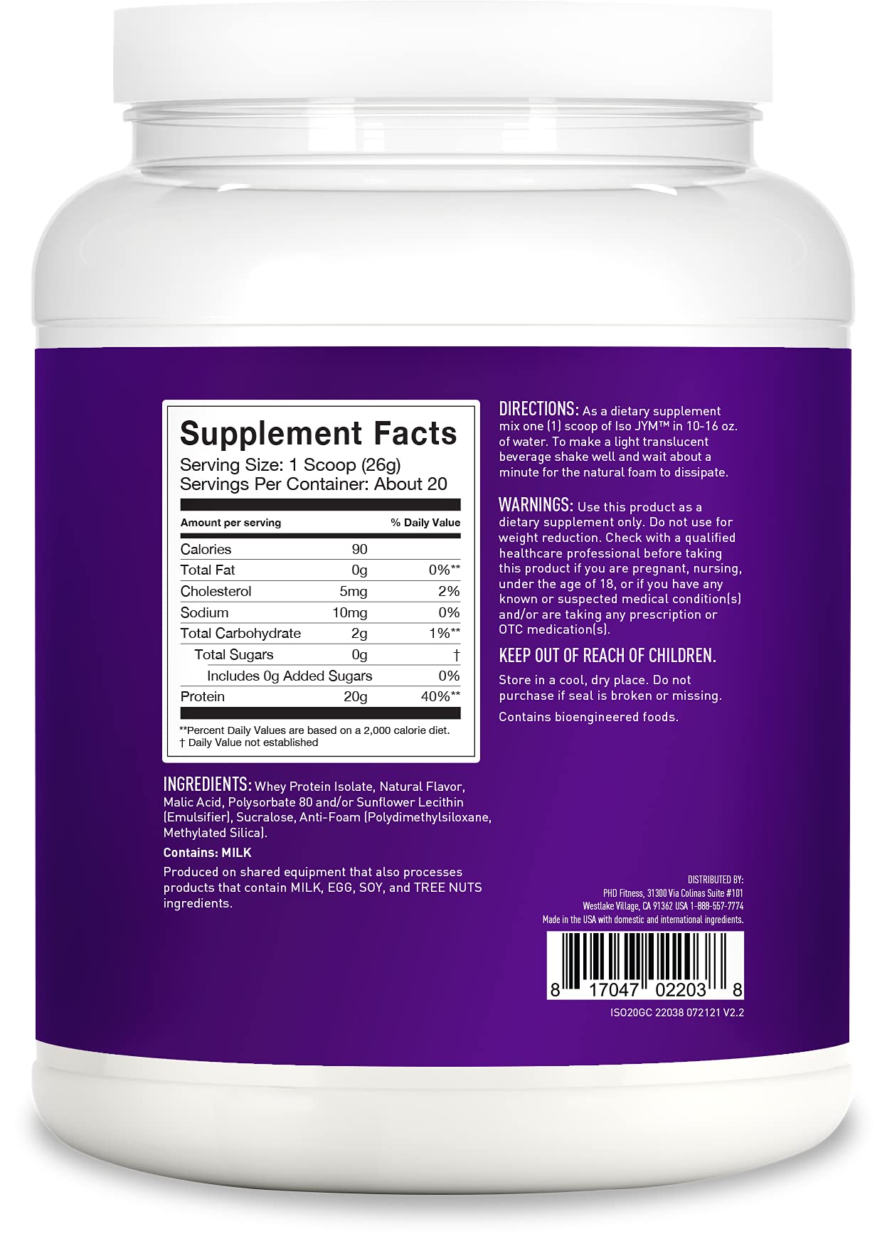 Iso JYM Clear Whey tub shows clean ingredient profile for lean protein.