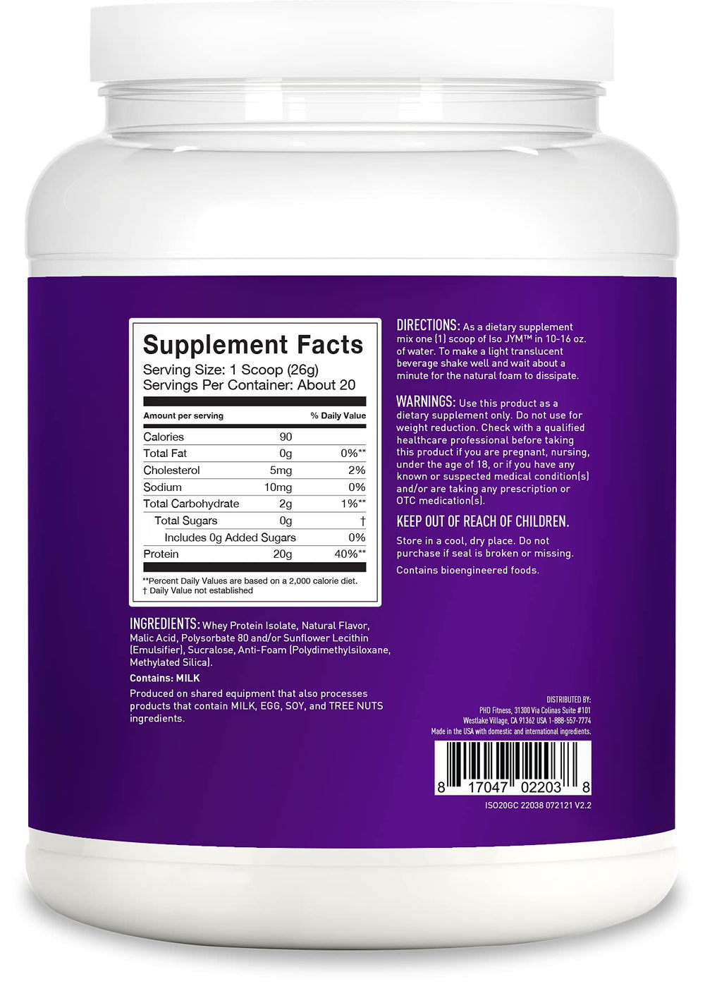 Iso JYM Clear Whey tub shows clean ingredient profile for lean protein.