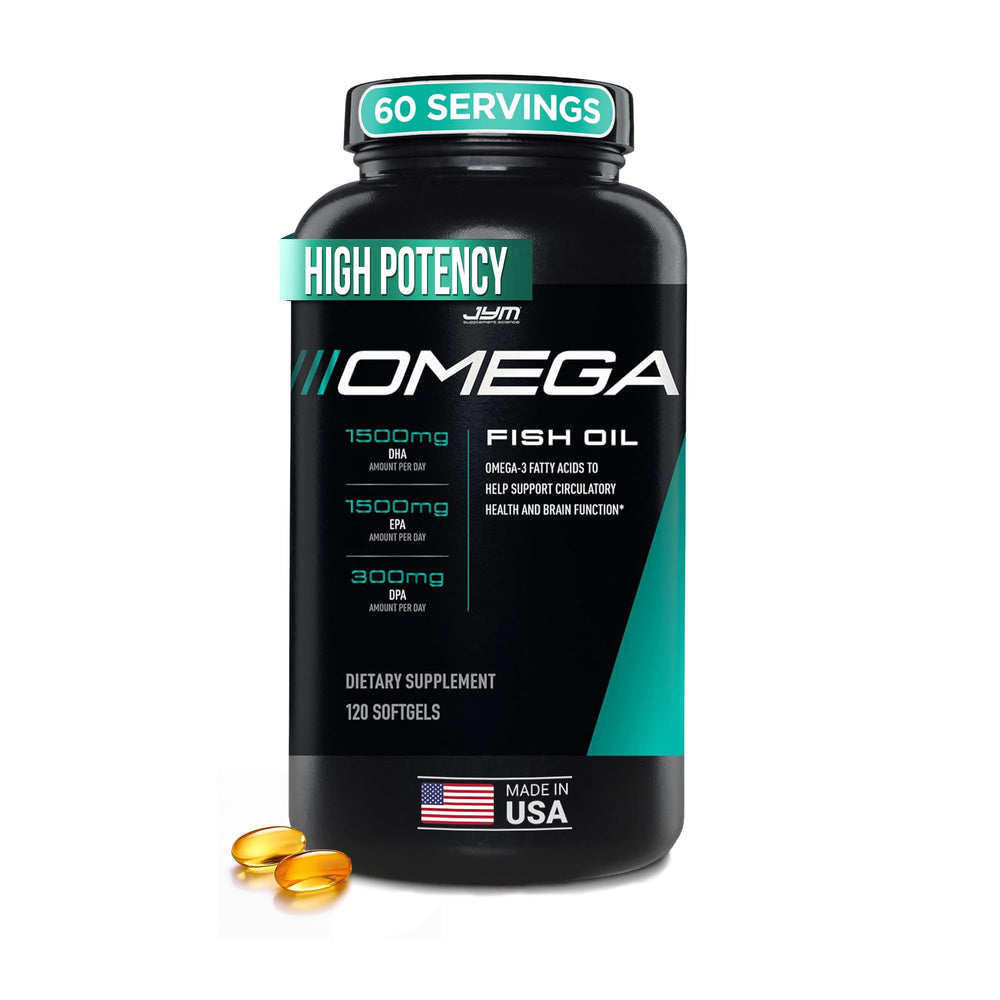 JYM Omega Fish Oil bottle highlights high-potency DHA and EPA for brain and heart support.