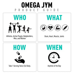 JYM Omega Fish Oil capsules arranged for daily dosing and potency.