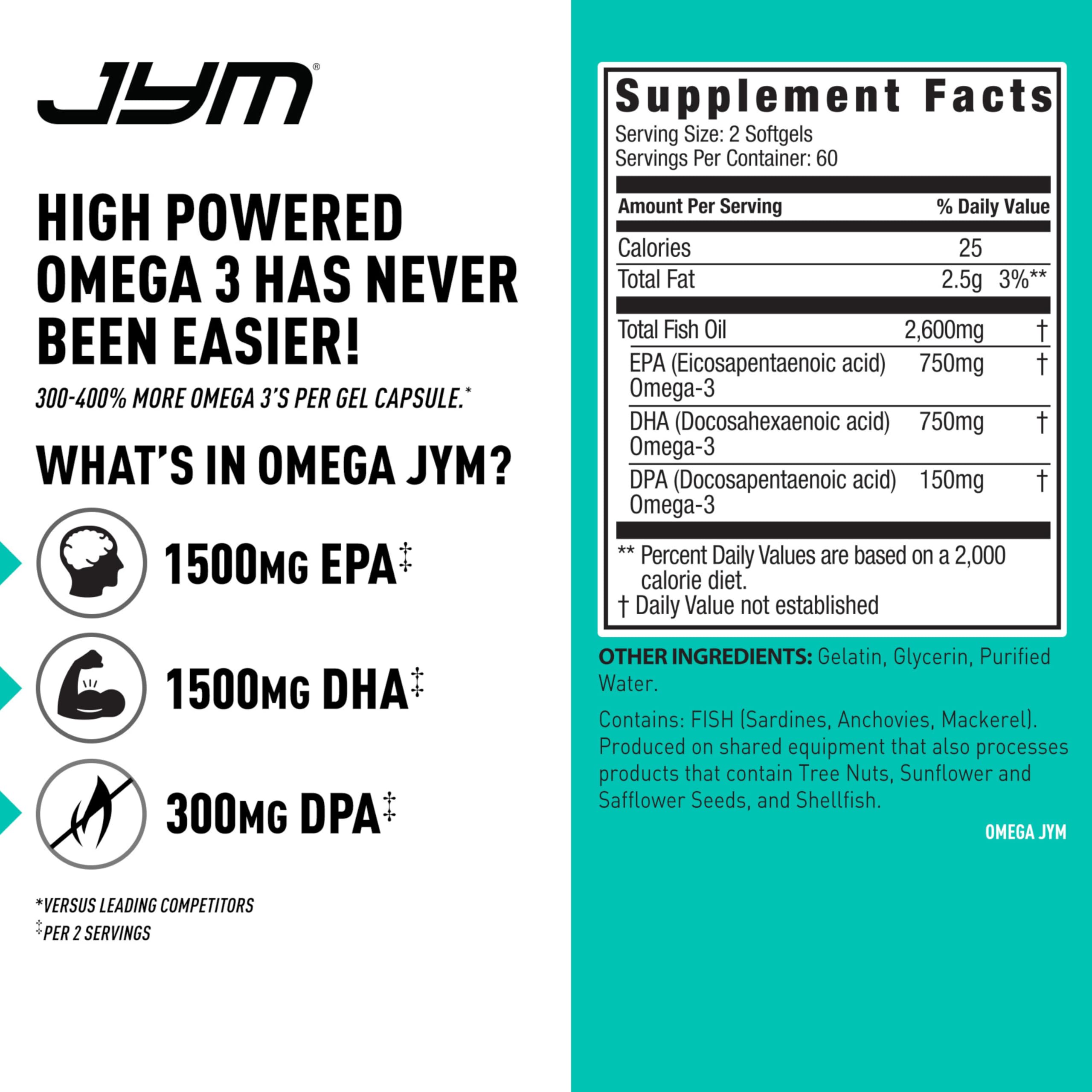 Close-up of Omega JYM pour showing measured serving for DHA and EPA intake.