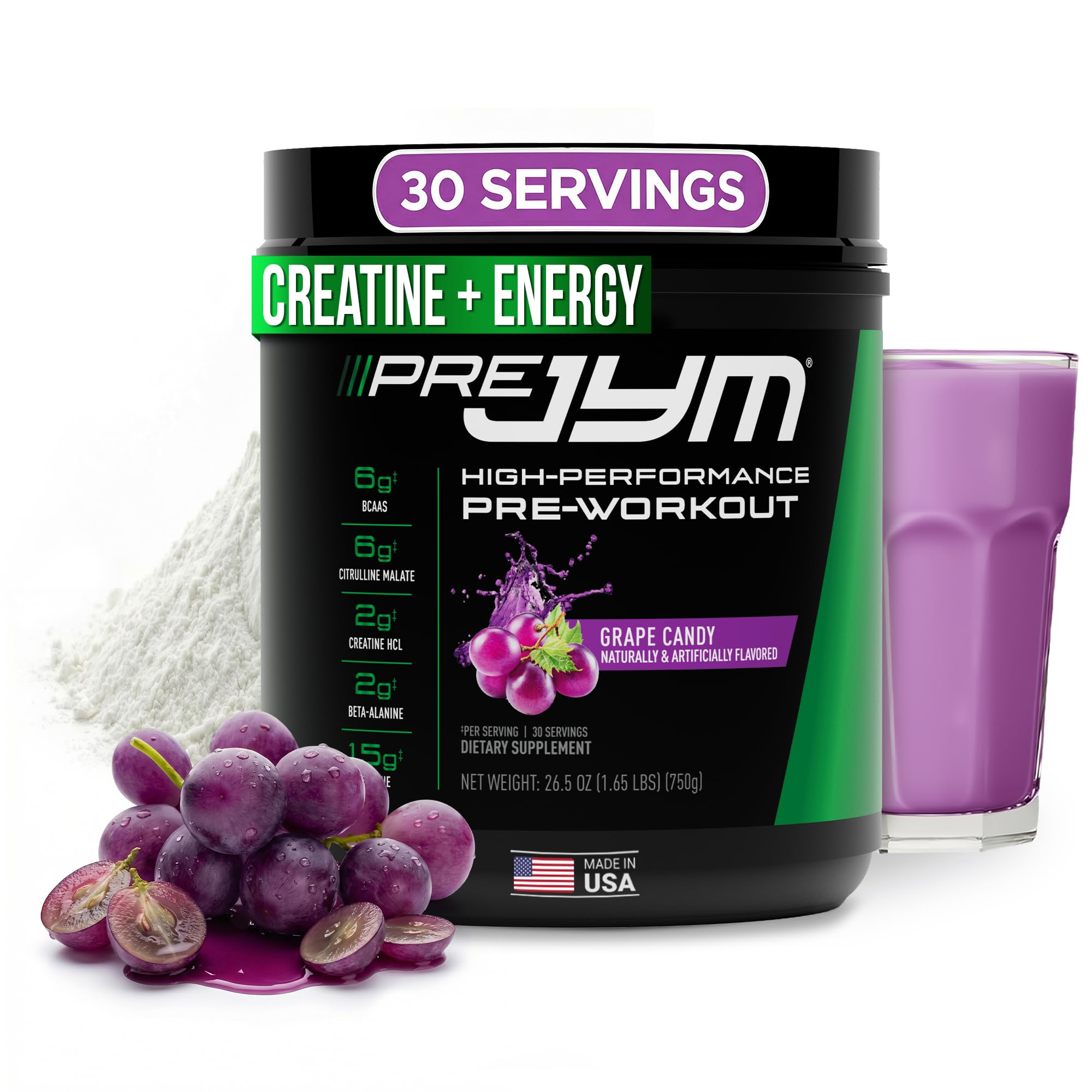 JYM Pre JYM Grape Candy powder bottle for workout energy and focus