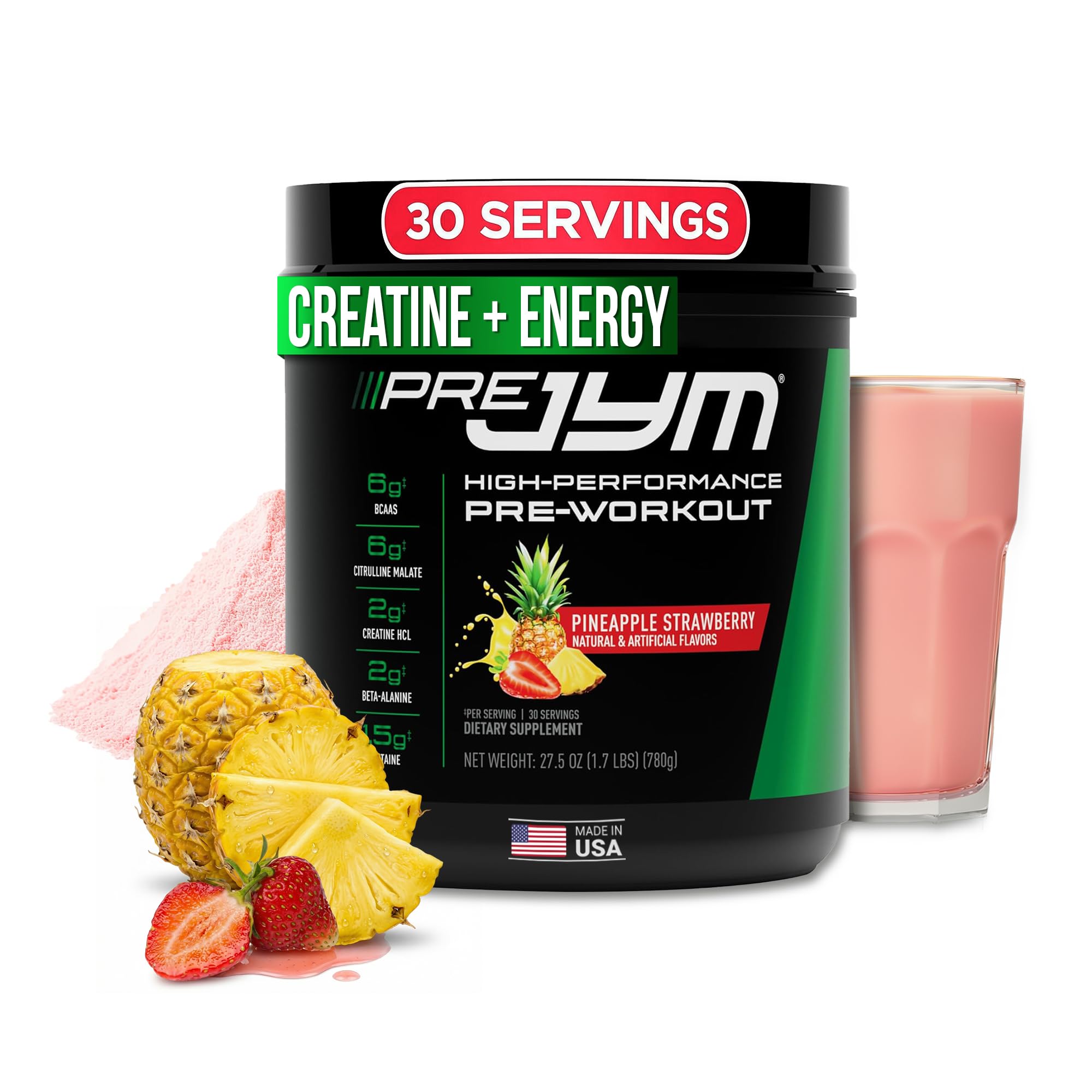 JYM Pre JYM Pineapple Strawberry bottle shows premium pre-workout ingredients for focused training
