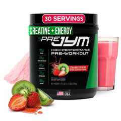 JYM Pre JYM Strawberry Kiwi tub shows a transparent ingredient list for clear dosing.