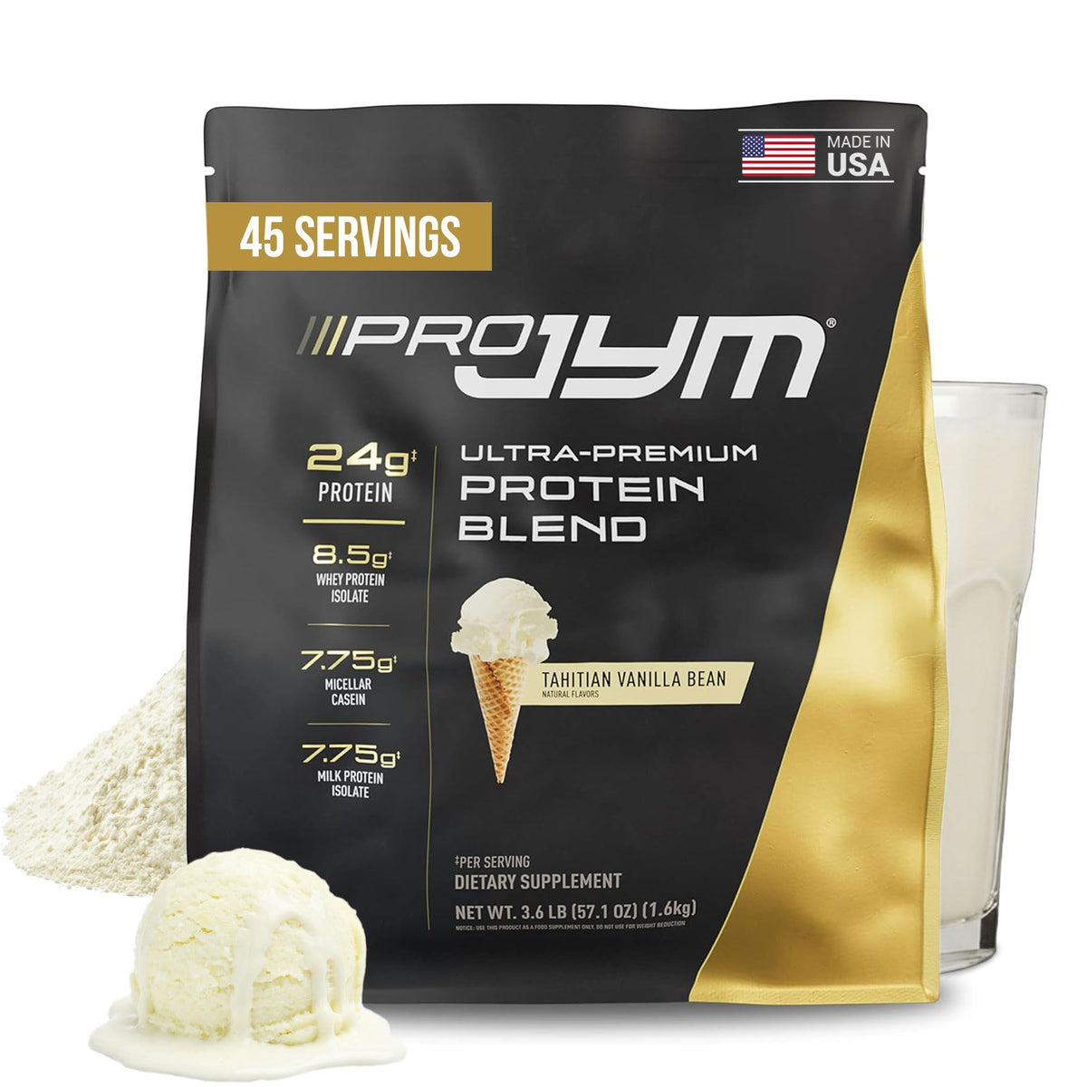 Pro JYM Tahitian Vanilla protein bottle on kitchen counter for post-workout recovery