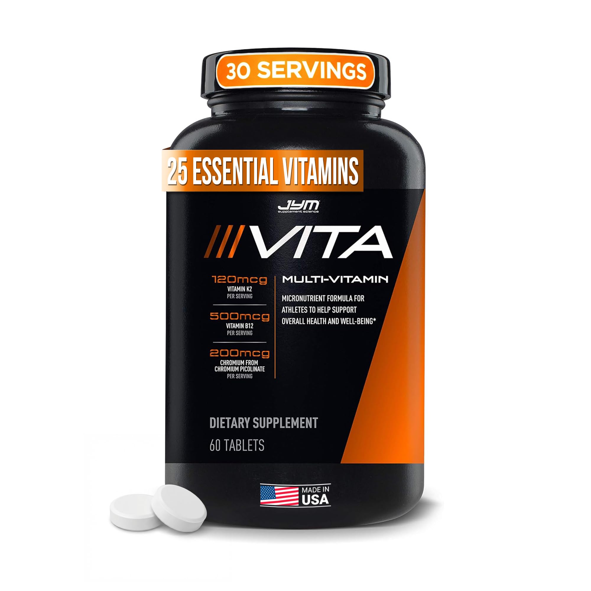 Vita JYM bottle front showing complete daily micronutrient blend for athletes