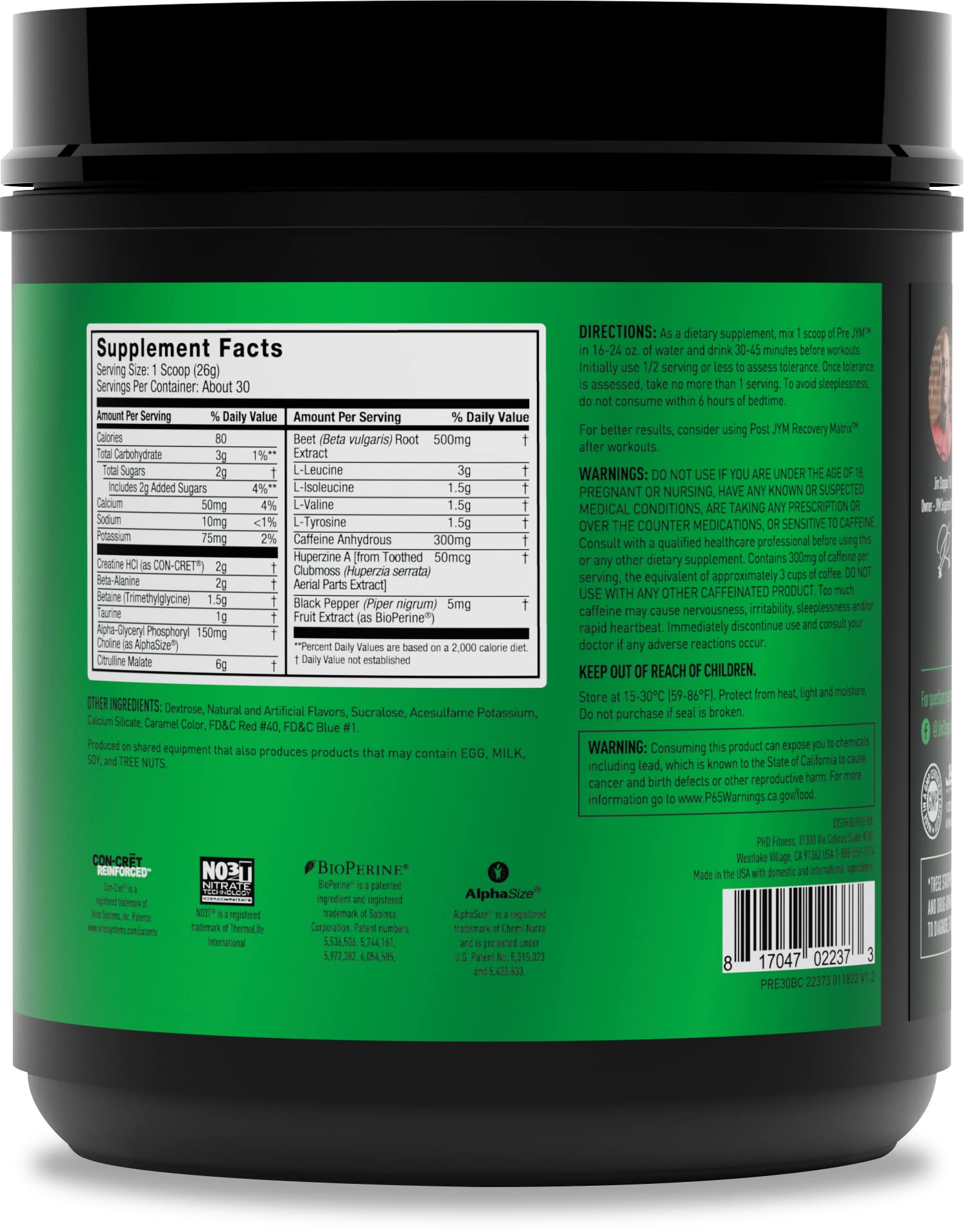 JYM Pre JYM Black Cherry contents showcase BCAAs and creatine for steady energy.