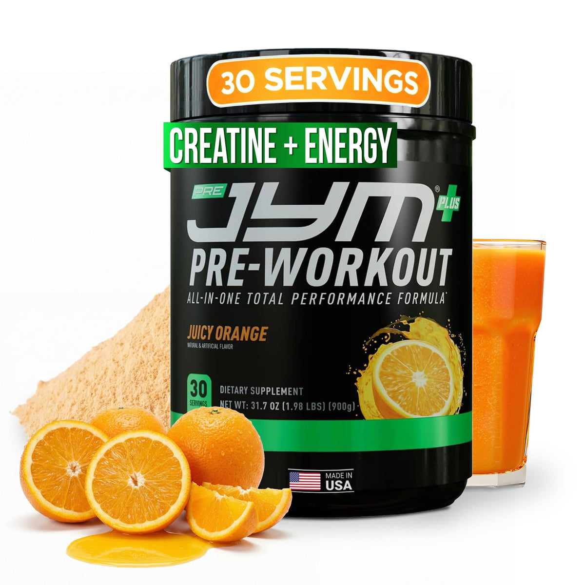 JYM Pre JYM Plus orange tub with bold label for intense workouts and fast energy.