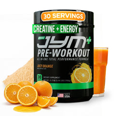 JYM Pre JYM Plus orange tub with bold label for intense workouts and fast energy.