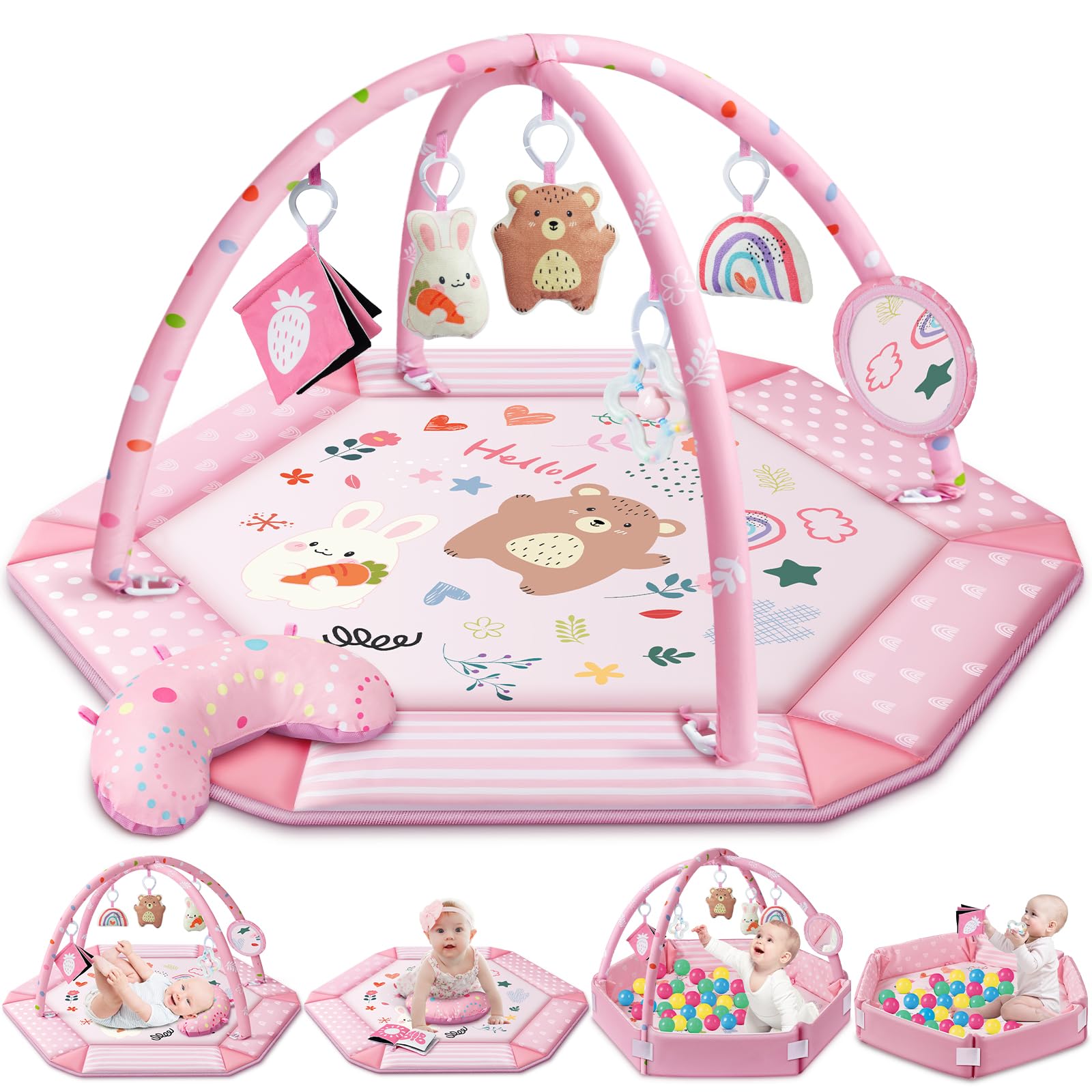 Jyusmile 8-in-1 pink baby gym mat with large play space for tummy time