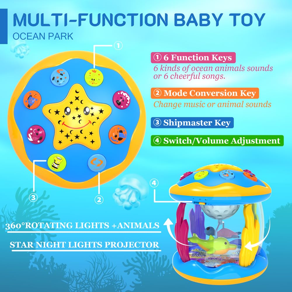Jyusmile 360-degree ocean rotation captivates baby during tummy time.