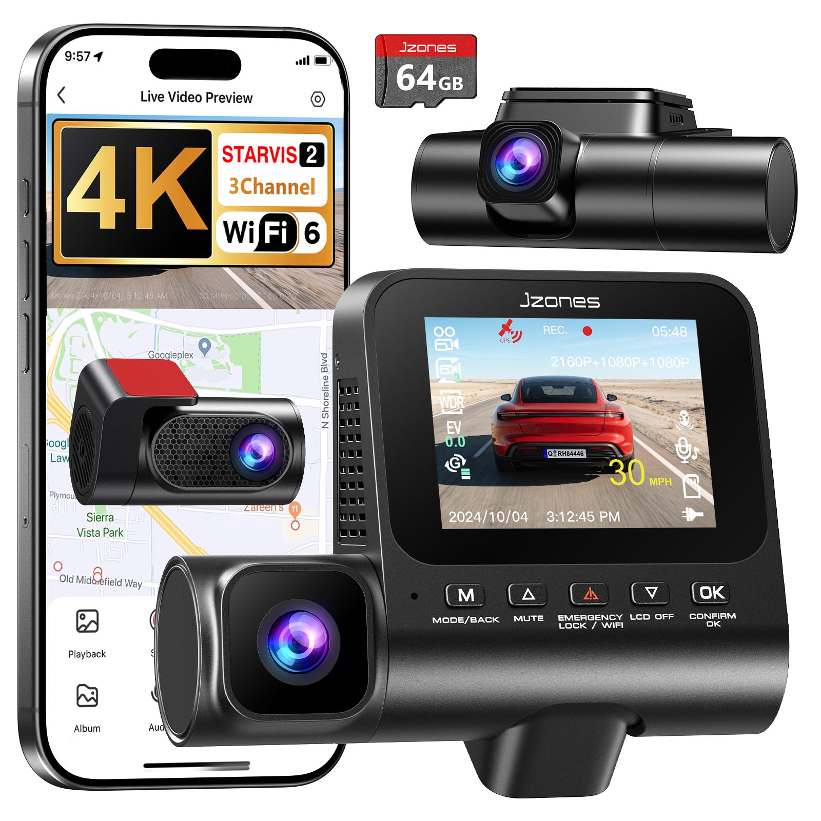Jzones 4K dash cam front view provides sharp road footage for clear evidence.