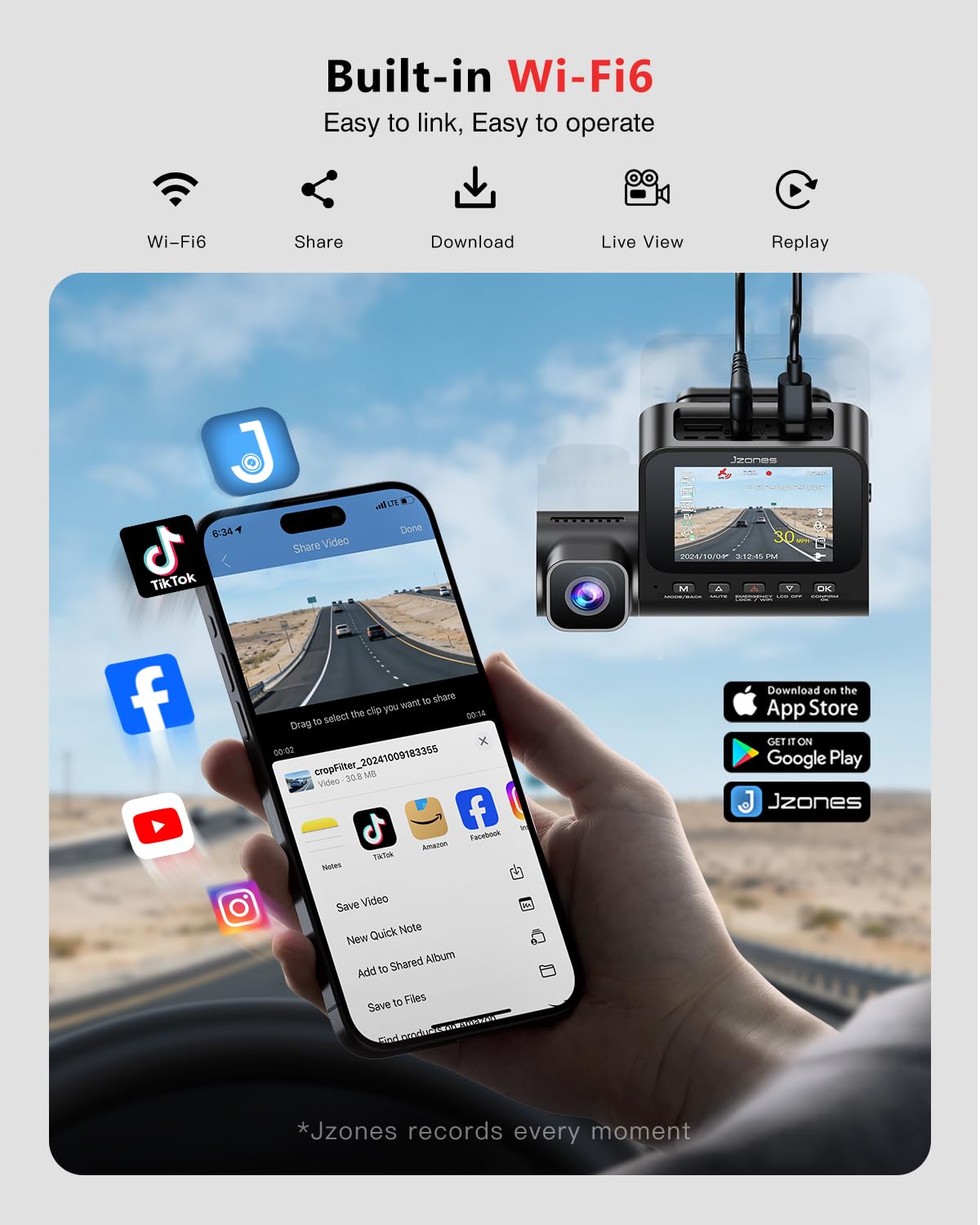Jzones WiFi 6 transfer enables quick sharing of 4K footage.