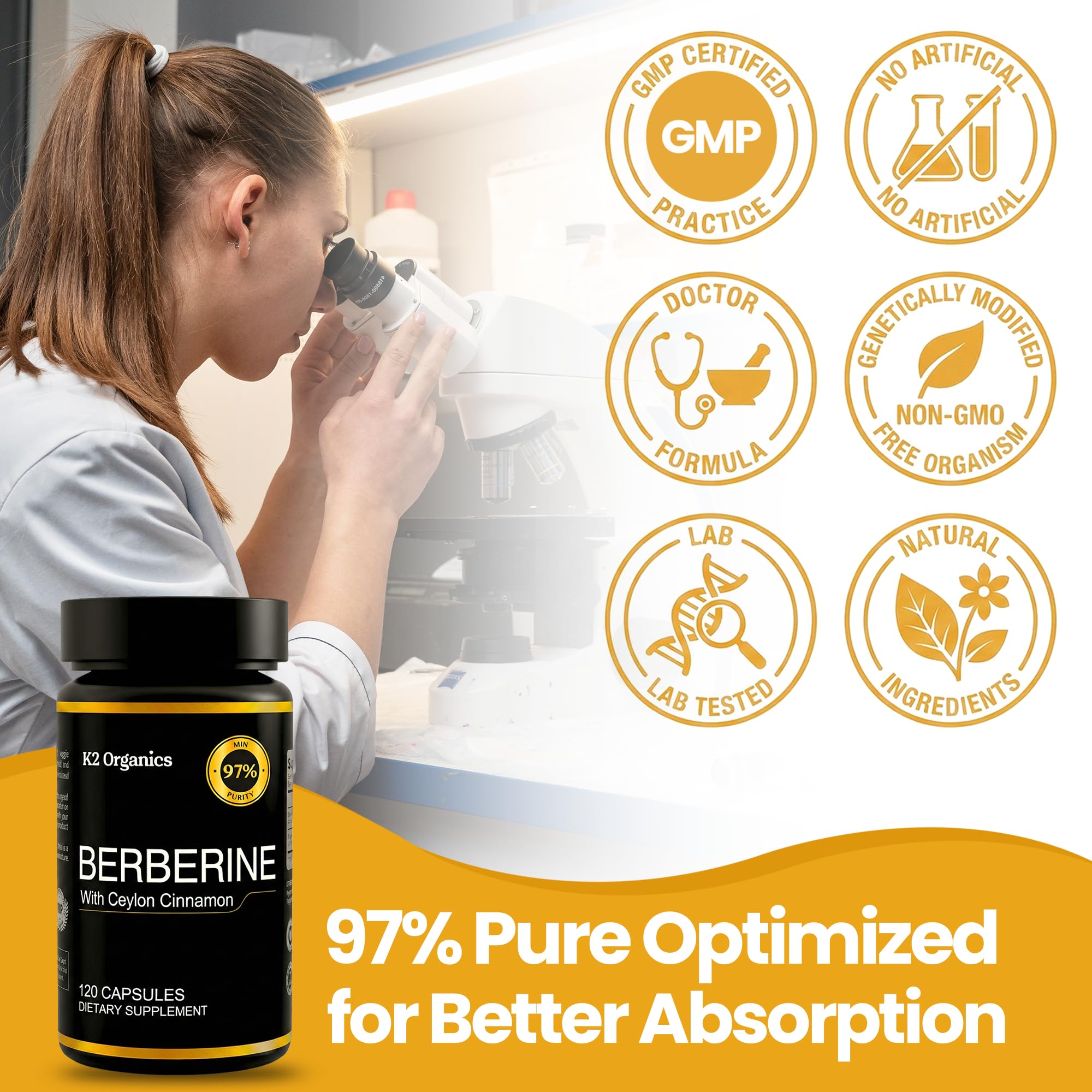 K2 Organics Berberine label emphasizing 97% purity
