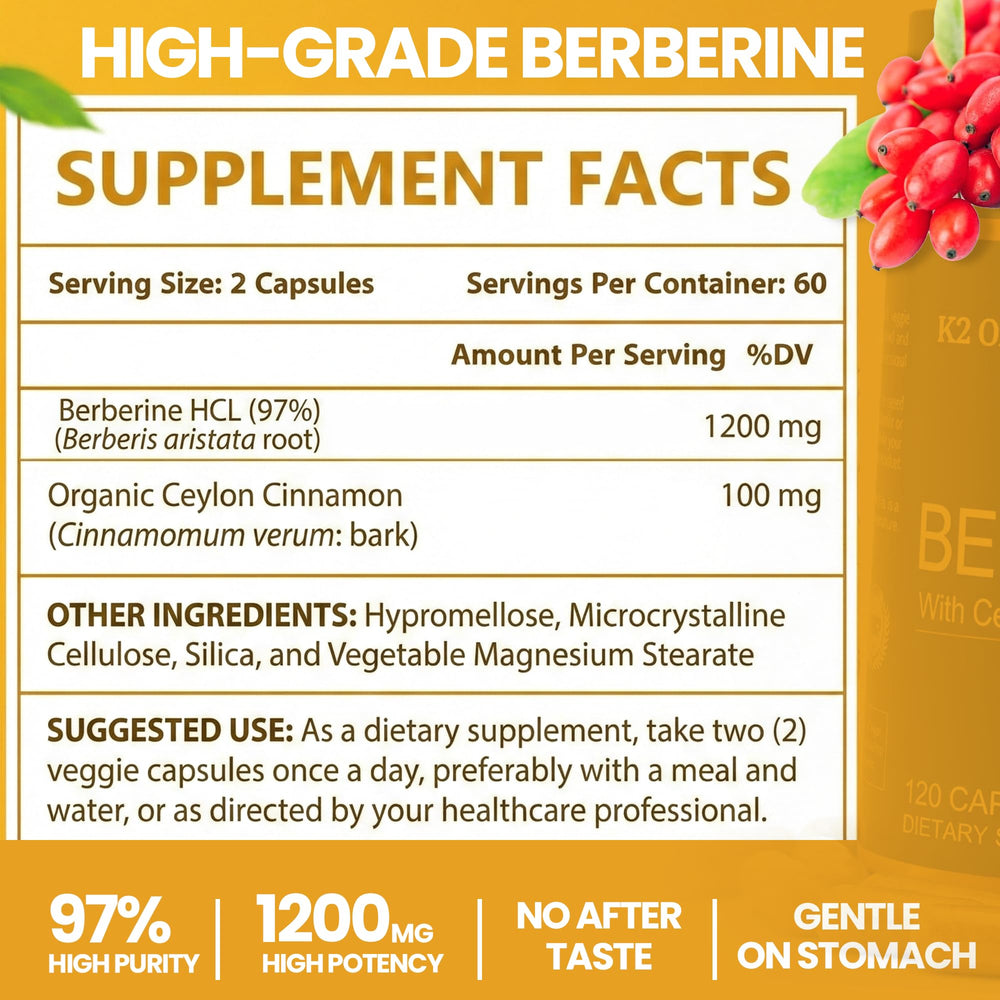 K2 Organics Berberine capsules shown with a meal-ready routine