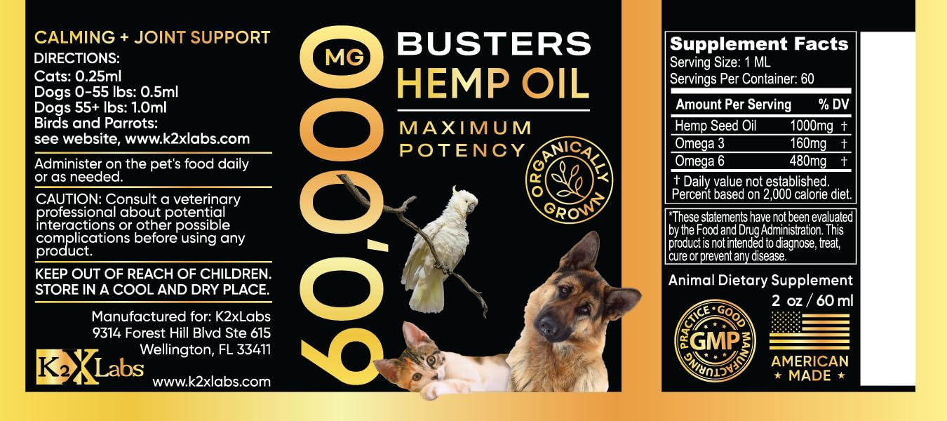 K2xLabs Buster's Hemp Oil 2-pack highlights 60 ml size for pet wellness