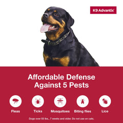 K9 Advantix Extra Large protects against fleas, ticks, and mosquitoes on contact.