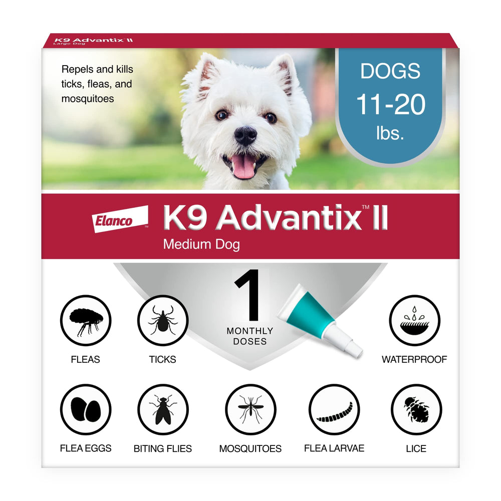 K9 Advantix II Medium Dog bottle for monthly flea, tick, and mosquito protection.