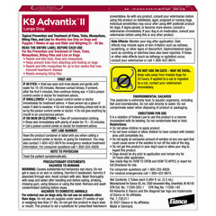 K9 Advantix large dog bottle back label with usage details for 21-55 lb dogs.