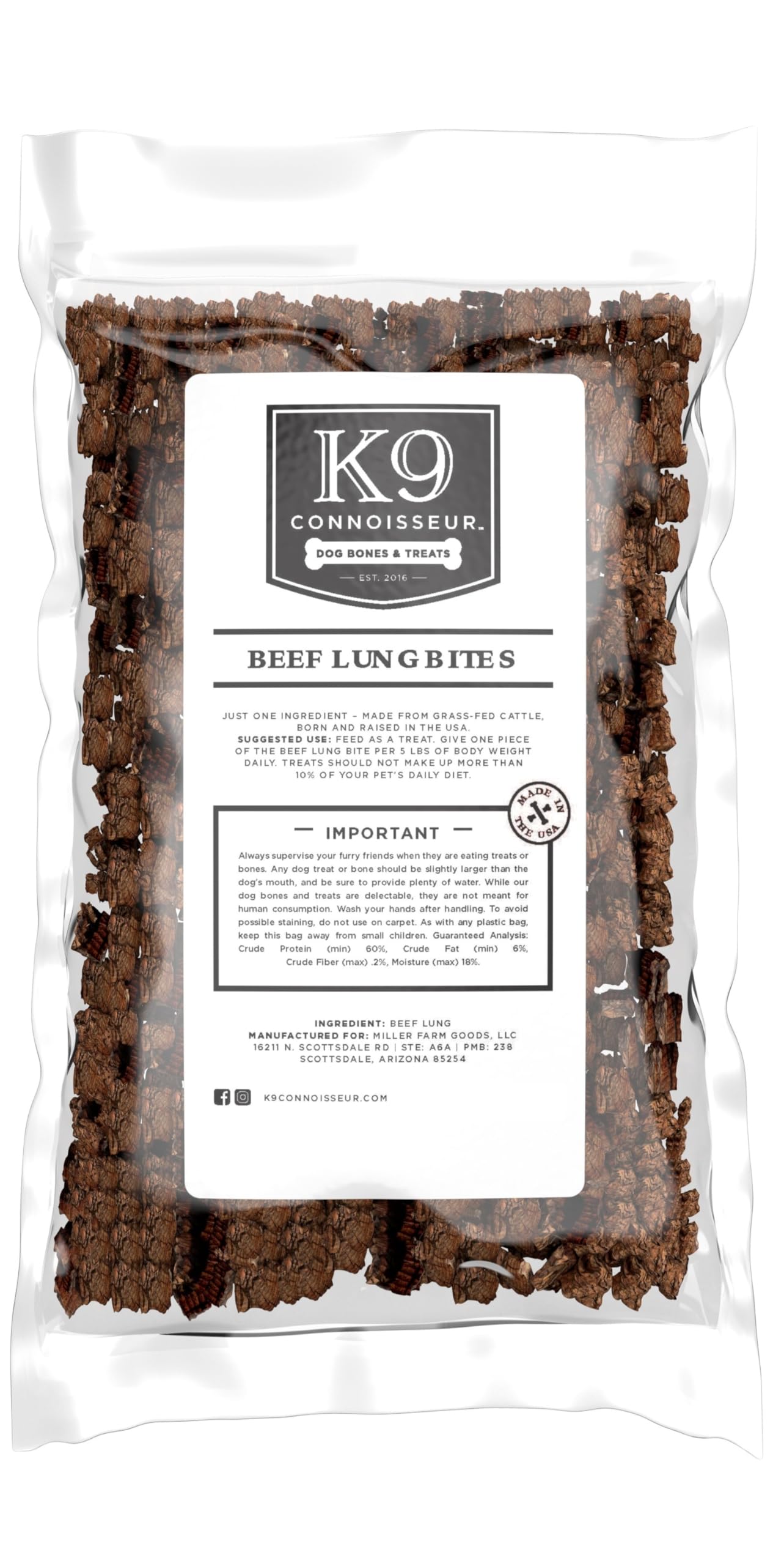 K9 Connoisseur beef lung treats bag showing lean, high-protein rewards for dogs.