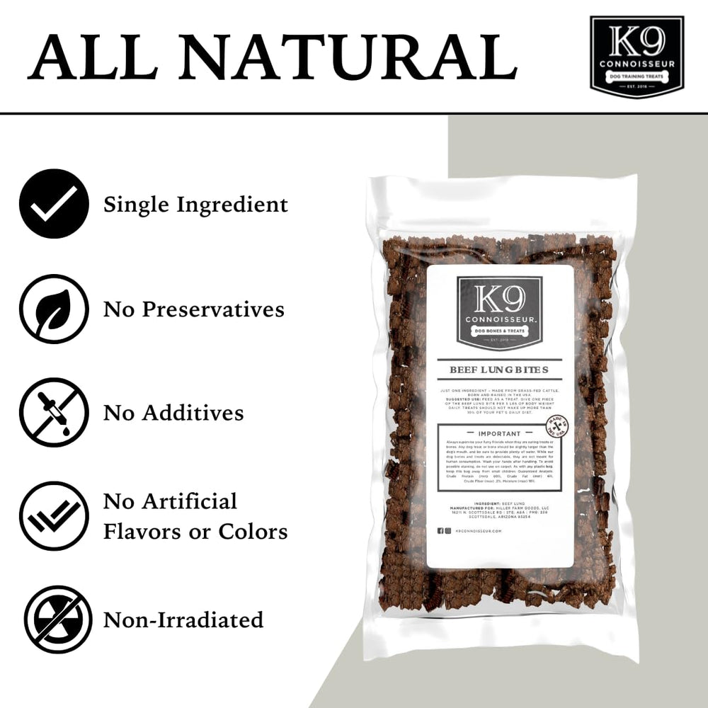 K9 Connoisseur beef lung treats close-up highlighting single-ingredient natural rewards.