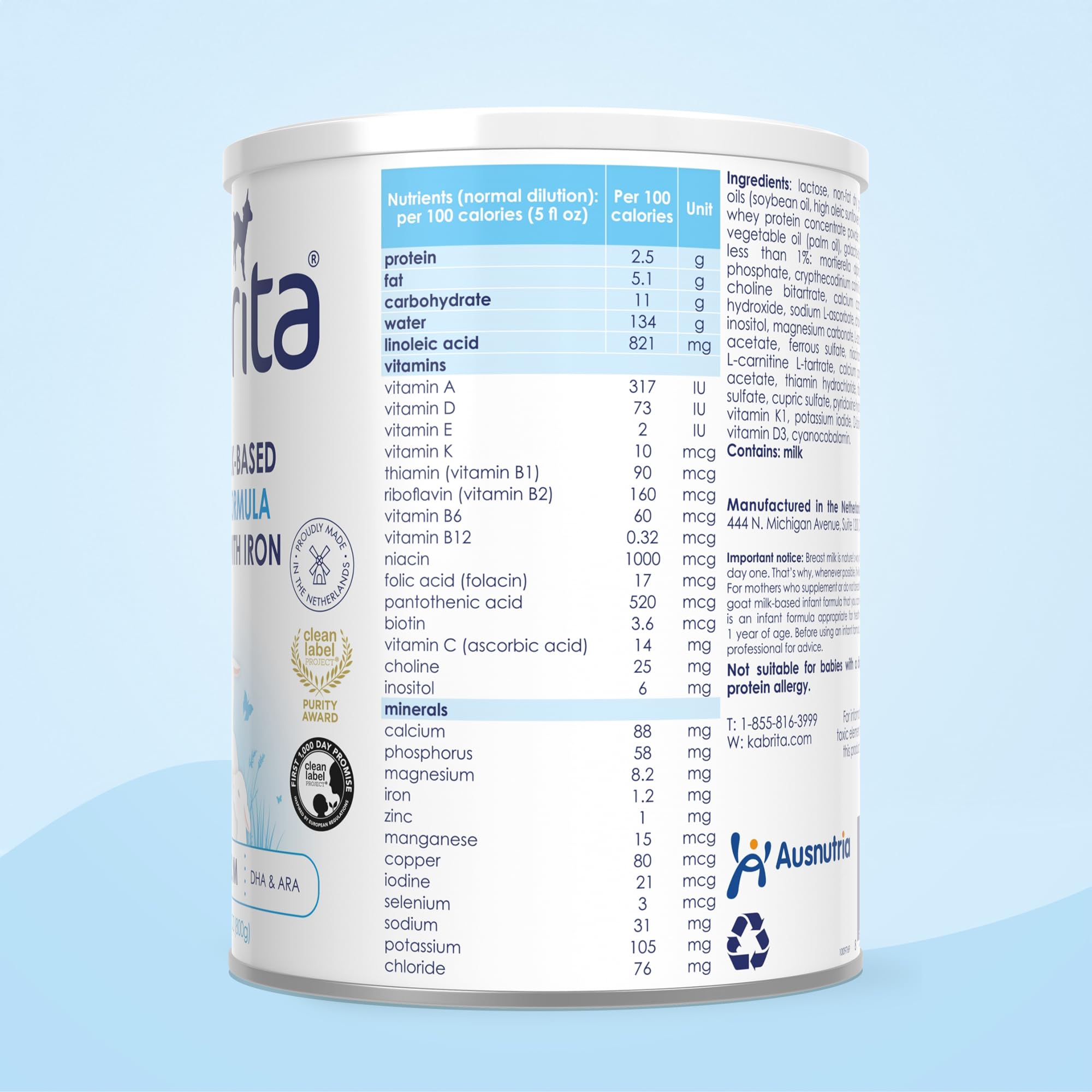 Kabrita goat milk formula label highlighting iron and prebiotics