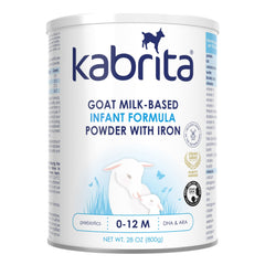Kabrita goat milk infant formula package showing 28 oz and non-GMO label