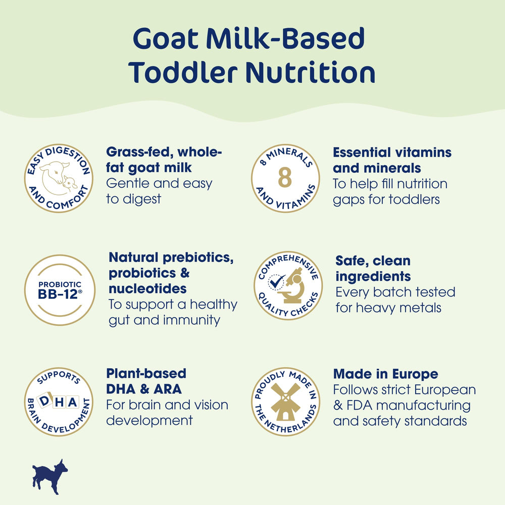 Kabrita tin lid illustration emphasizes goat milk-based ingredients.