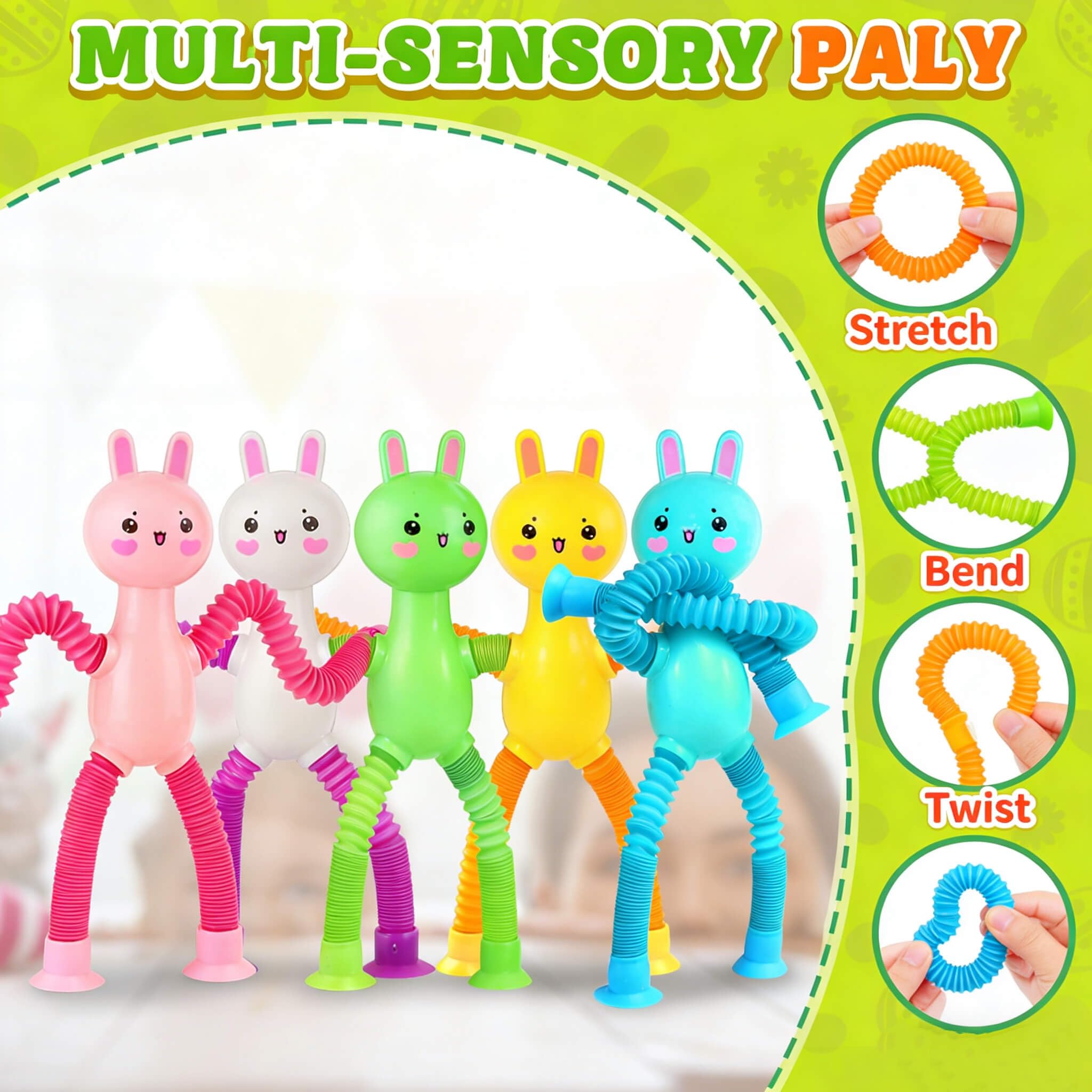 Kabvry Easter bunny pop tubes come in bright colors for engaging playtime.