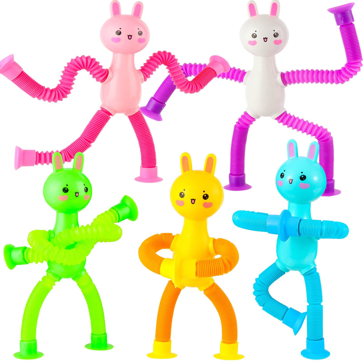 Kabvry Easter bunny pop tubes with suction cups enable versatile play on smooth surfaces.
