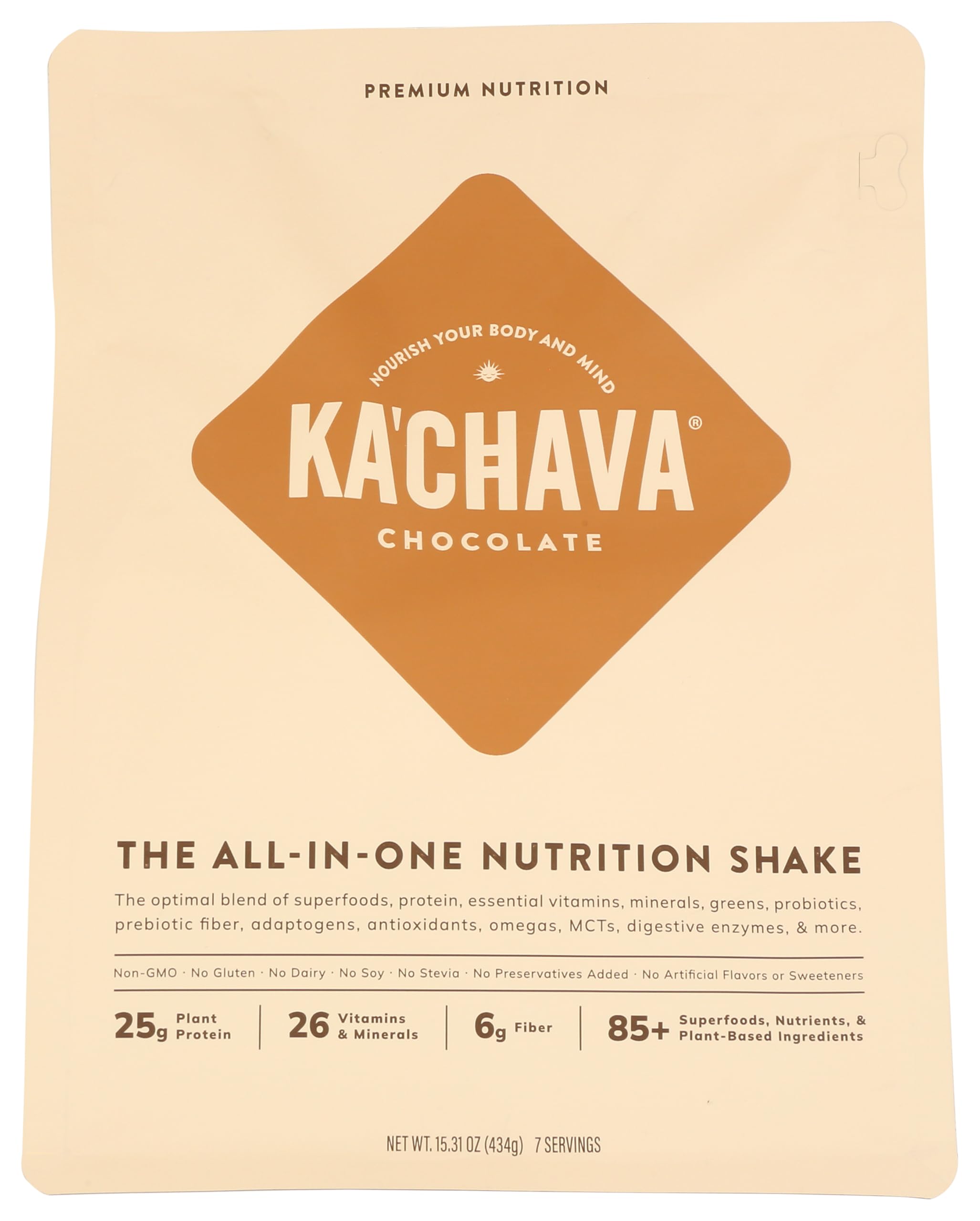 KaChava chocolate shake powder tub for plant-based daily nutrition.