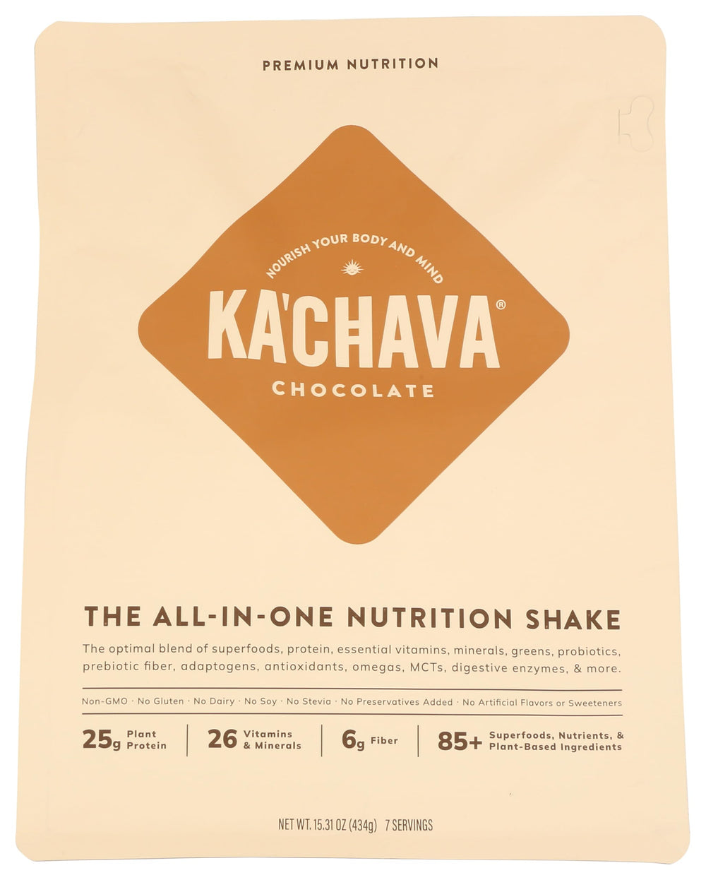 KaChava chocolate shake powder tub for plant-based daily nutrition.