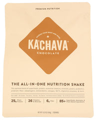 KaChava chocolate shake powder tub for plant-based daily nutrition.