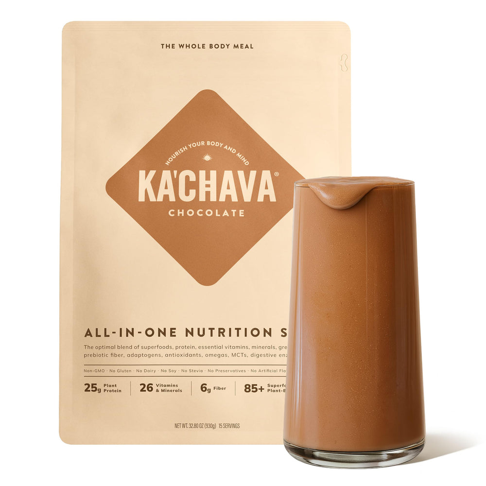 Ka’Chava chocolate whole body meal shake 2 lb shows creamy plant-based nutrition.