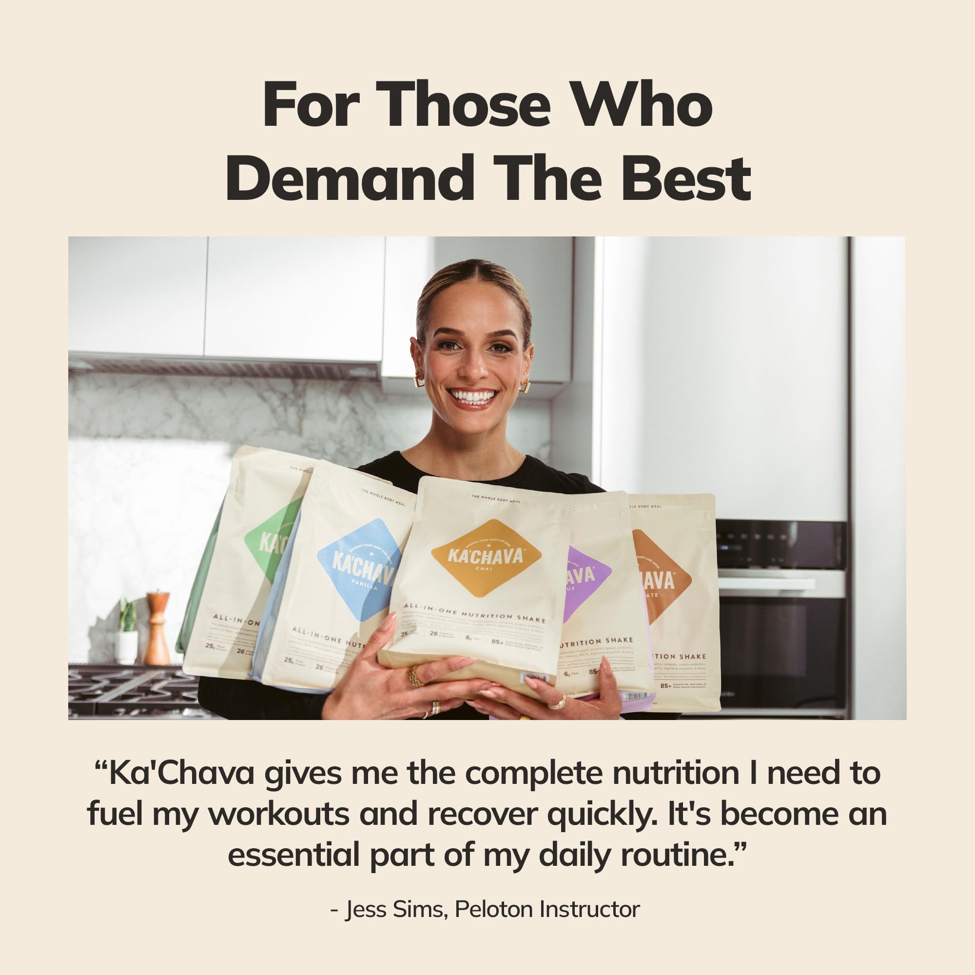 Ka’Chava green superfood powder in a bowl suggests vibrant nutrition