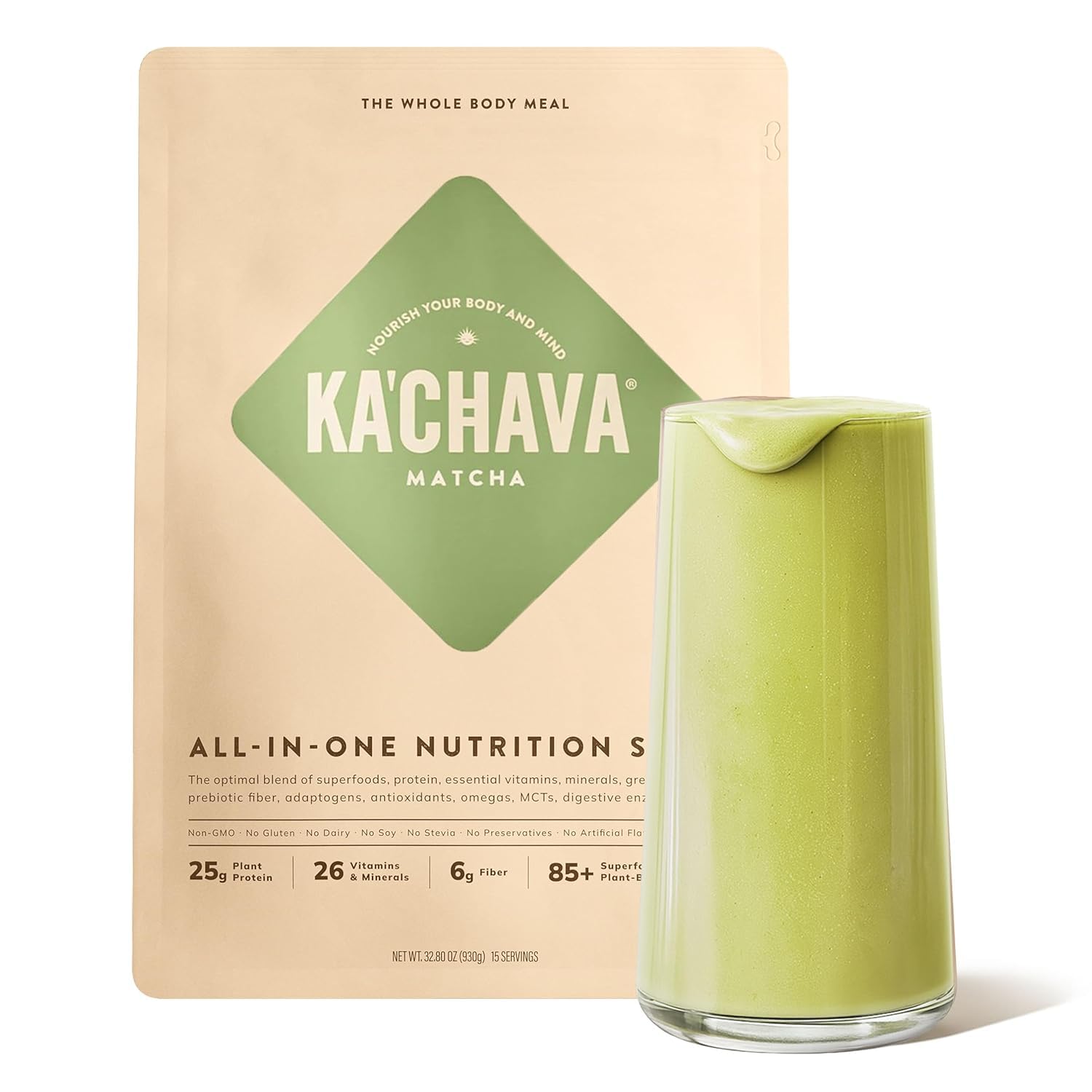 Kachava Matcha 2lb bag closeup showing vegan protein blend for convenient meal replacement