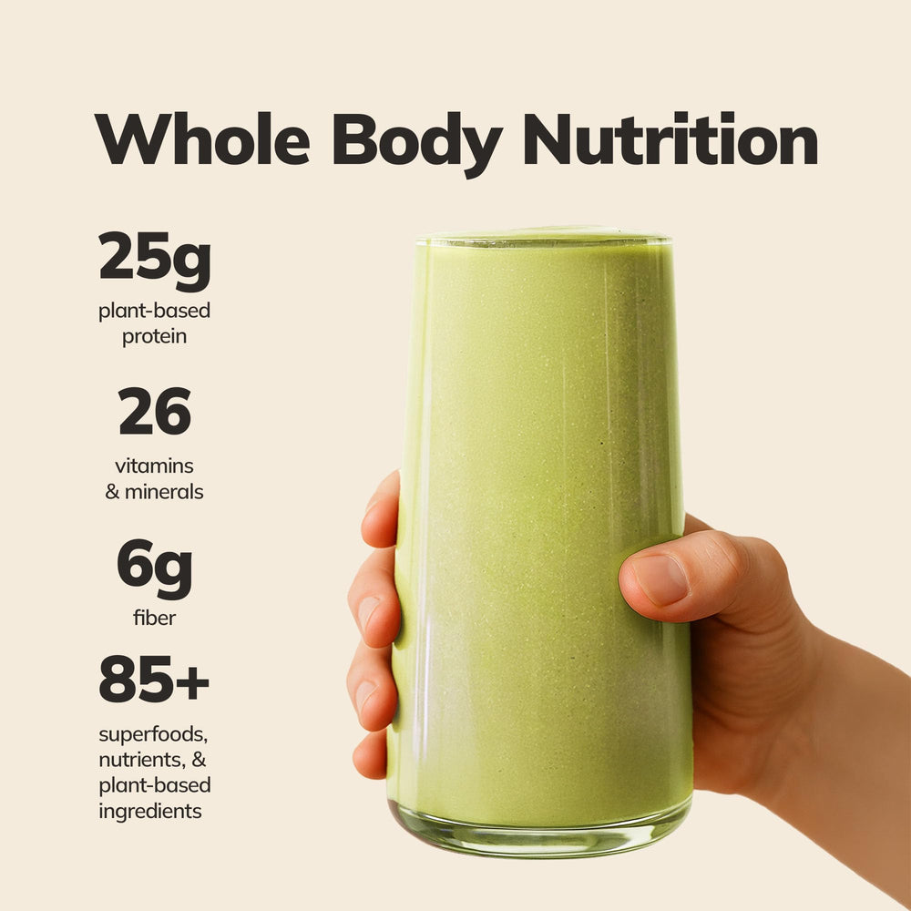 Kachava Matcha shake glass shows creamy texture, suggesting a smooth dairy-free meal option