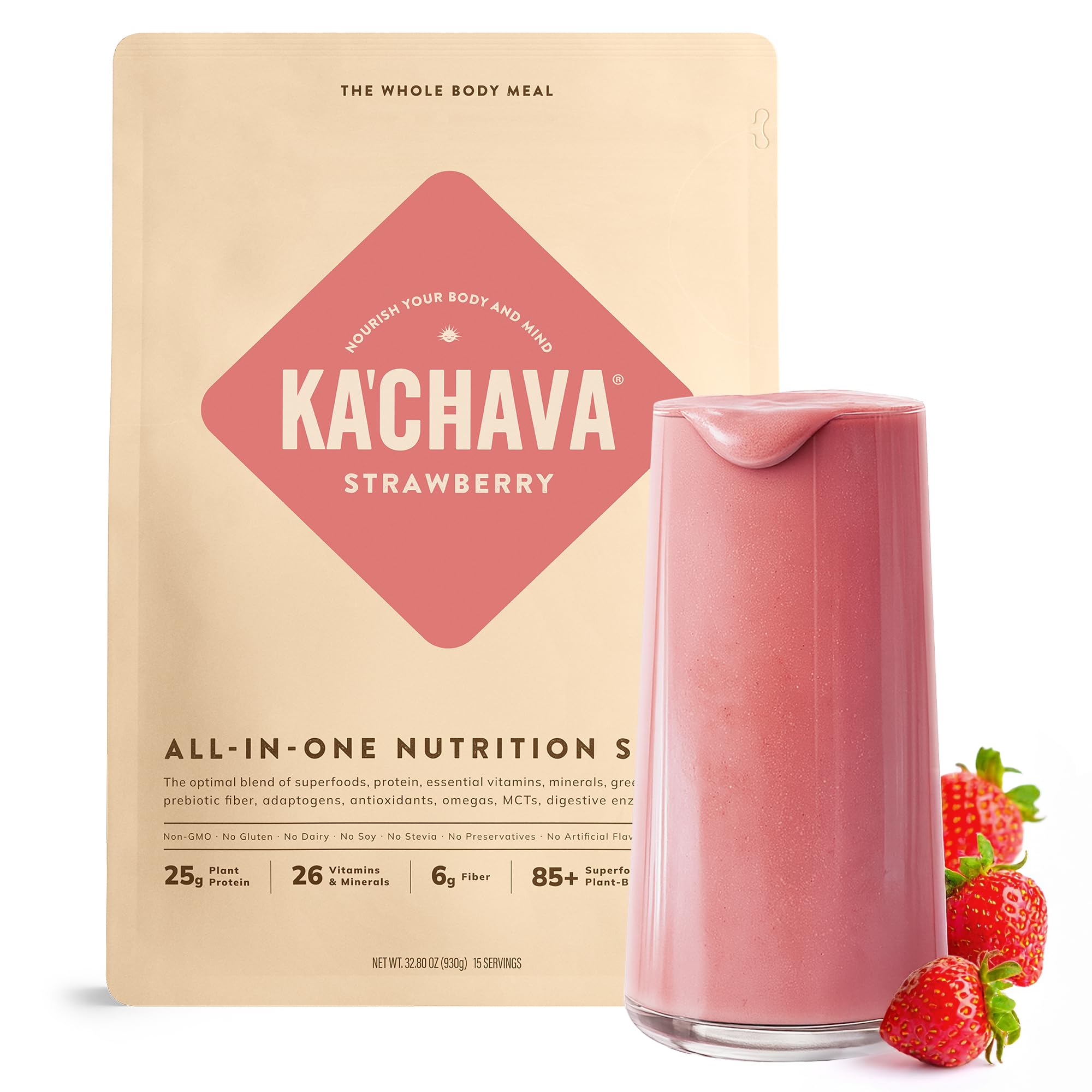 Ka’Chava strawberry powder and scoop for a protein-rich daily shake.