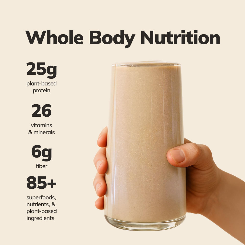 Ka’Chava vanilla powder scoop highlighting convenient protein and greens blend.