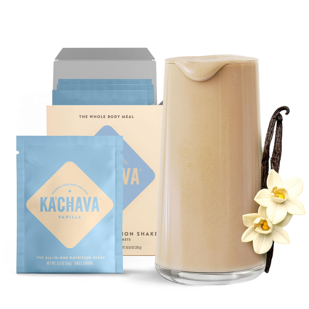 Ka’Chava Vanilla bottle shows creamy plant-based meal replacement for on-the-go fueling.