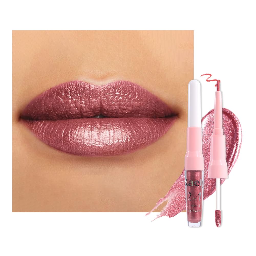 Kaely 2in1 mauve metallic lipstick and lip liner dual-ended wand for precise lip definition.