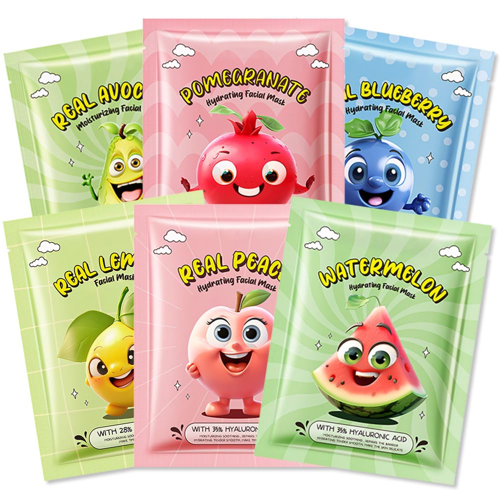 Kaely fruit face masks six-pack collection for kids promotes gentle hydration and fun spa days.