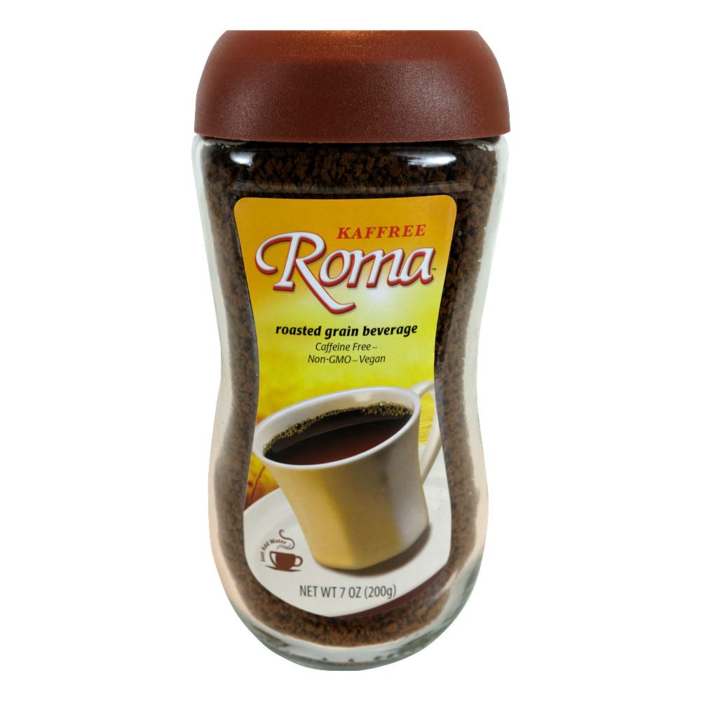 Kaffree Roma original packaging highlights a plant-based, caffeine-free blend.