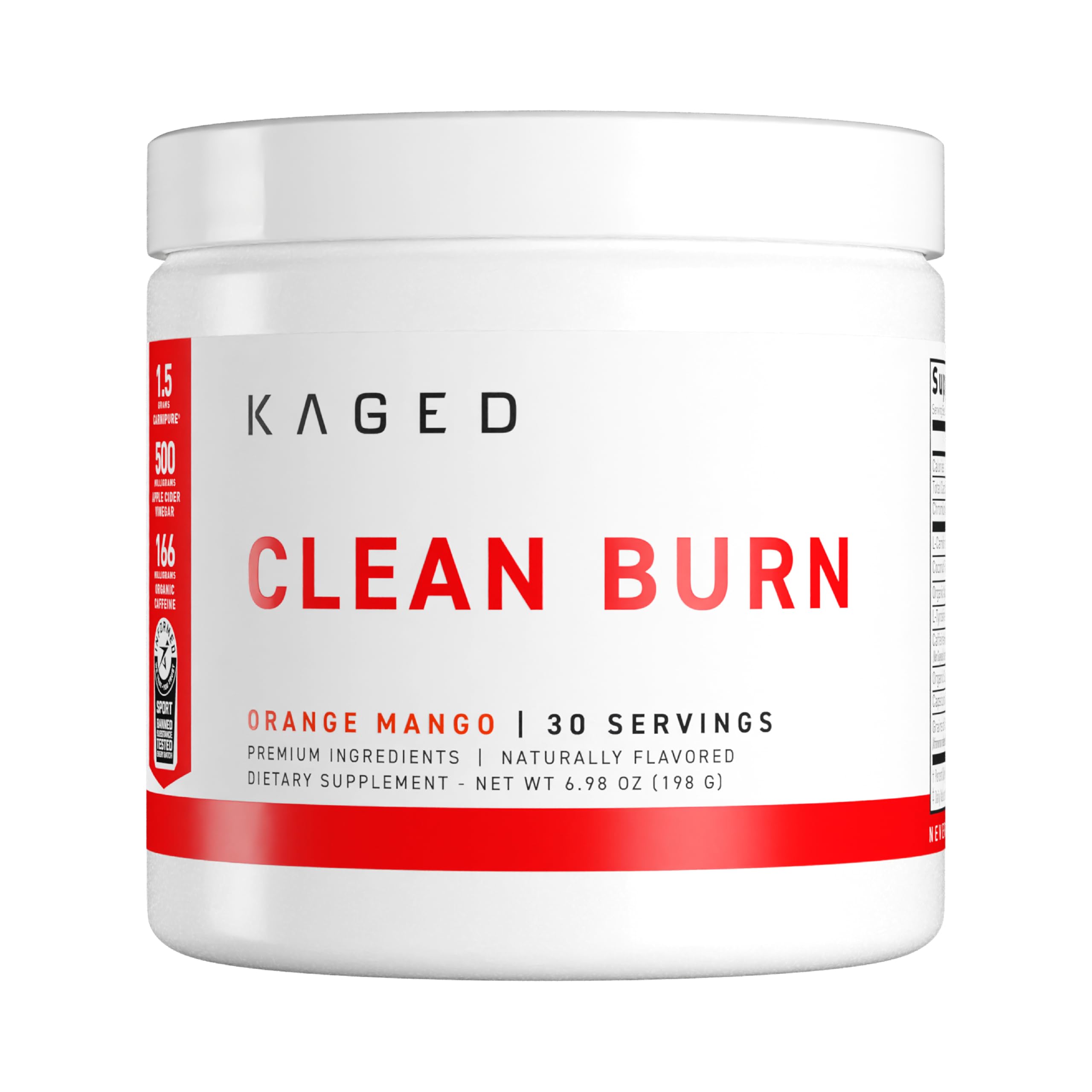 KAGED Clean Burn bottle being poured for a refreshing orange mango workout boost.
