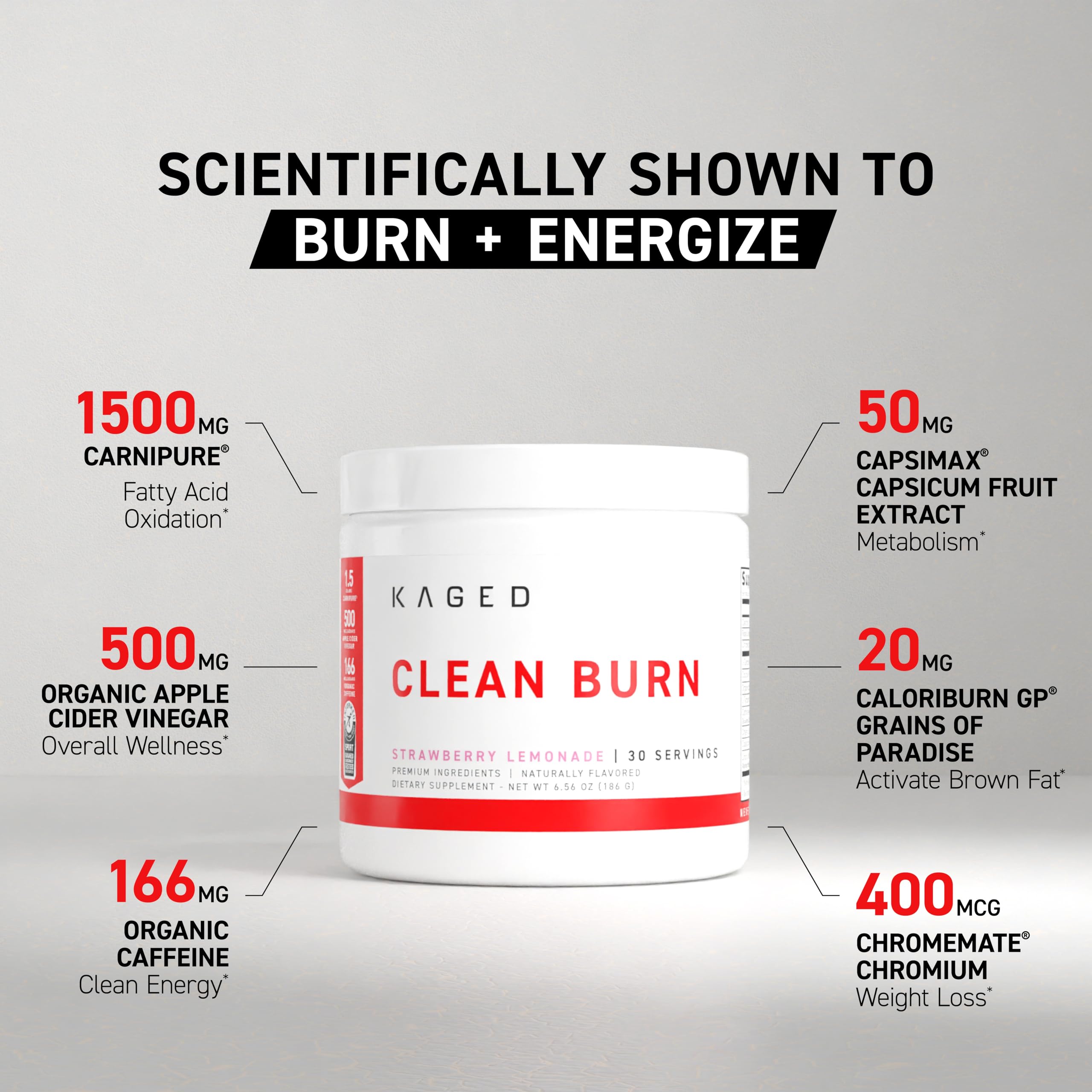 Scoop of KAGED Clean Burn powder ready to mix into water for a light pre-workout.