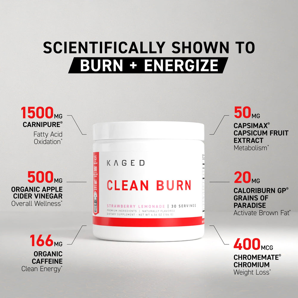 Scoop of KAGED Clean Burn powder ready to mix into water for a light pre-workout.