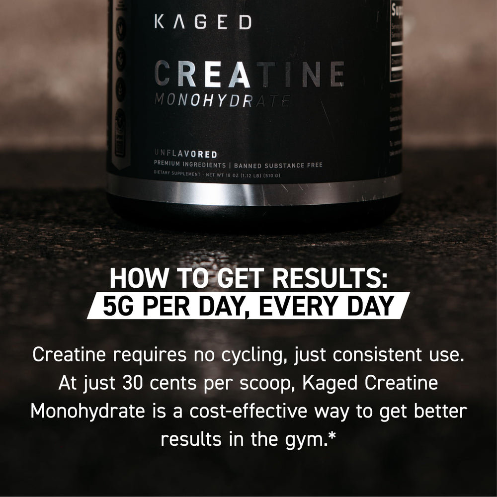 Kaged Creatine Monohydrate close-up showing fine powder texture