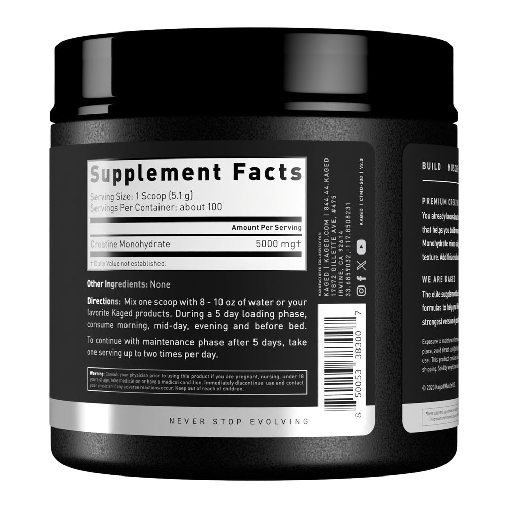 Kaged Creatine Monohydrate jar beside weights for daily use